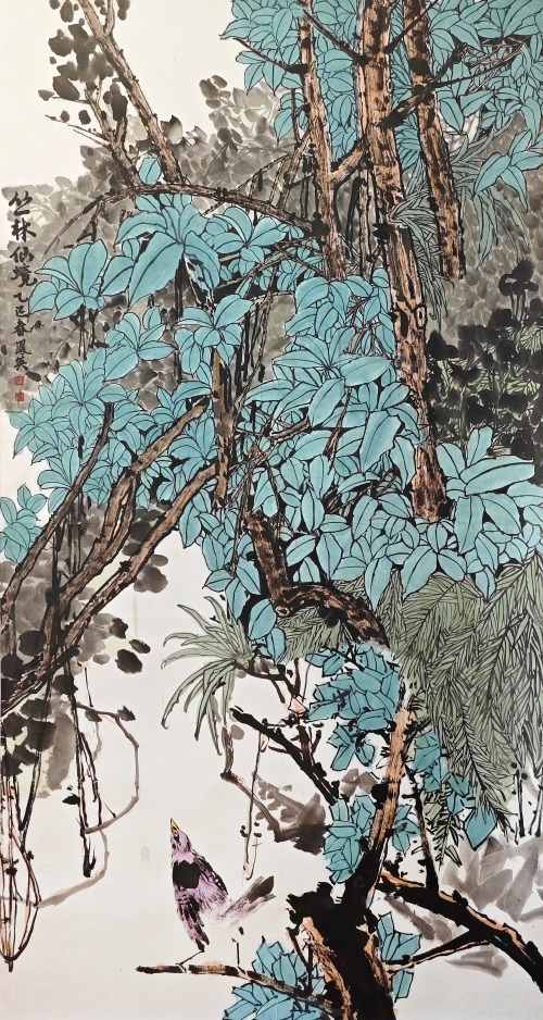 22-張鳳英-中國石油化工集團有限公司-叢林仙境-國畫-180×95cm-外框尺寸106X234cm