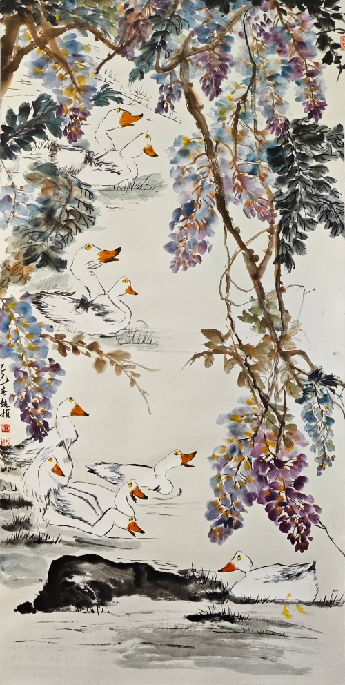 34-趙楨-中國石油天然氣股份有限公司-國畫-紫藤白鵝-138X69cm(外框193x78)