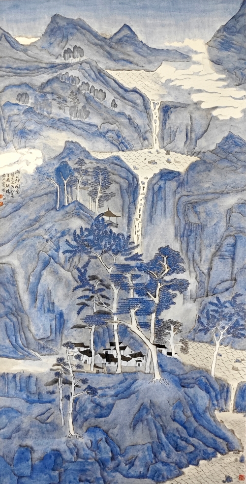 36-趙祥琨-中國平煤神馬控股集團有限公司-國畫-湖山煙樹圖-136X68cm(外框193x77)