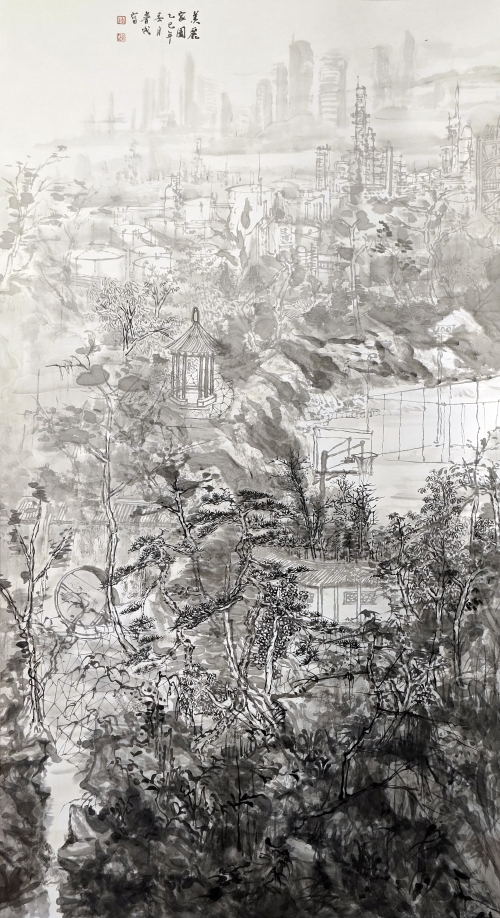 39-鐘普成-中國石油化工集團(tuán)有限公司-國畫-美麗家園-178X96cm(外框234x105)