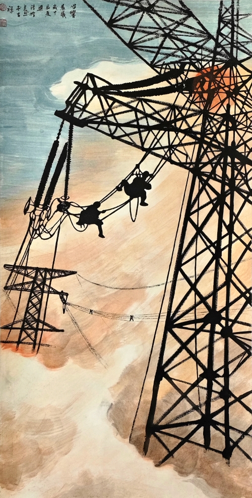47-梁浩楷-中國南方電網(wǎng)有限責(zé)任公司-唱響晨曦-國畫-138×69cm-外框尺寸195X79cm